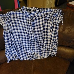 Blue and white button down top.